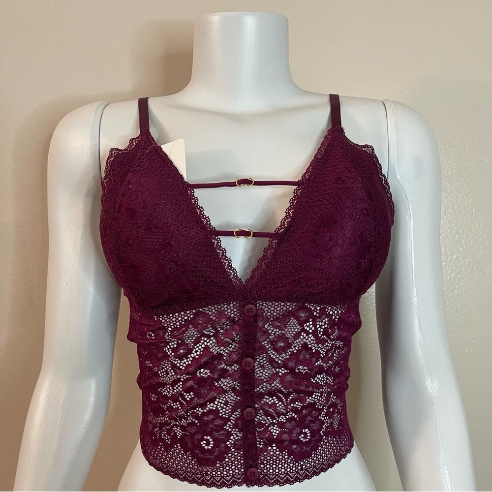 Plum front straps button details removable pads lace bralette